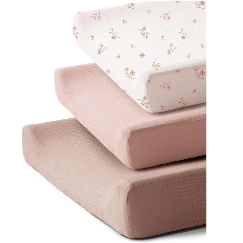 Coreeky 3 Pack Muslin Changing Pad Covers for Girl, Boy, 100% Soft Cotton Changing Table Cover, Breathable Baby Nursery Diaper Change Pad Fitted Sheets (Daisy Petal) - Image 1